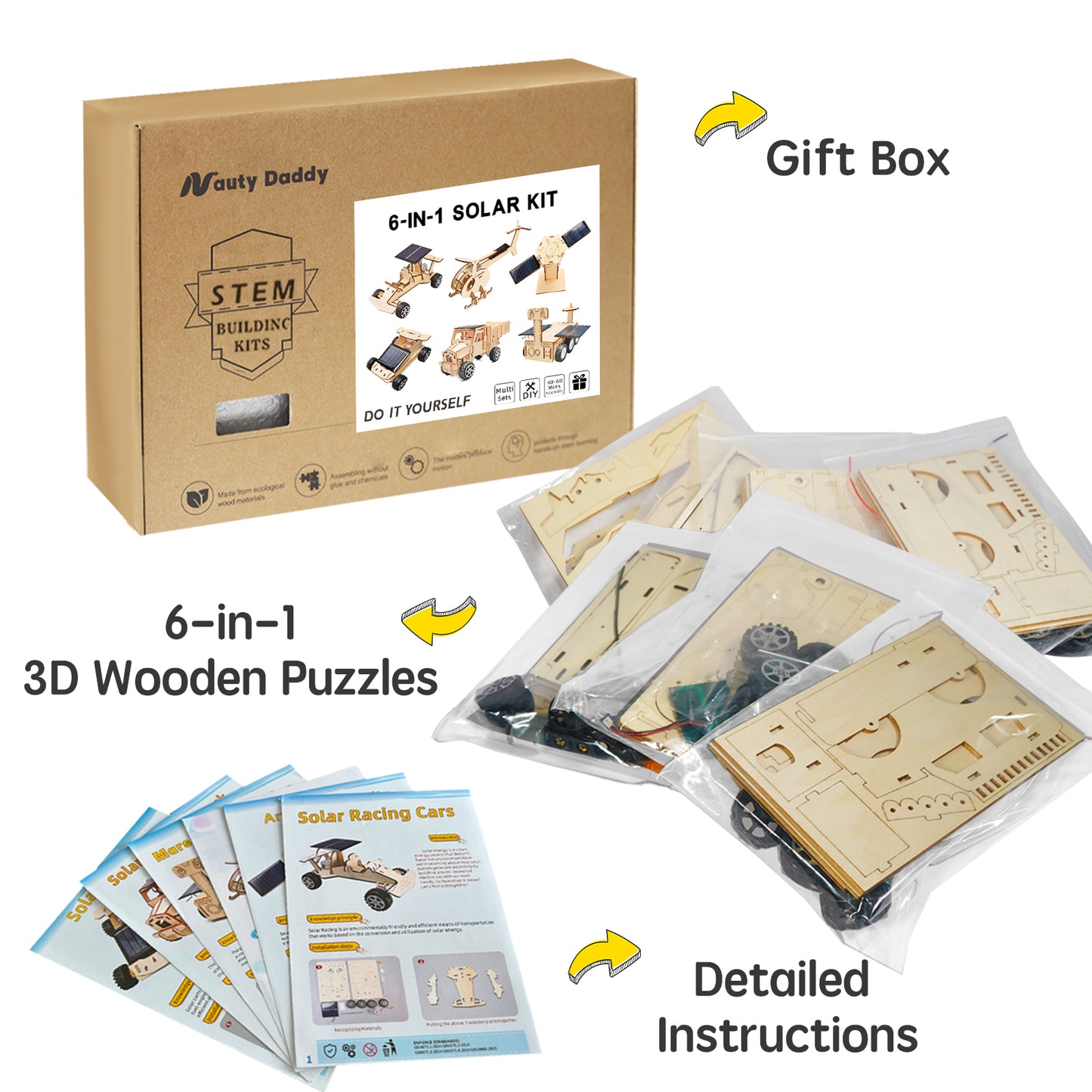 6-in-1 Solar Powered Wooden Mechanical Building Kit – DIY 3D Wooden Puzzle & Creative Model Set, Brain-Boosting Hands-On Craft, Unique Desk Decor, Tech Gift for Ages 14+ and Adults