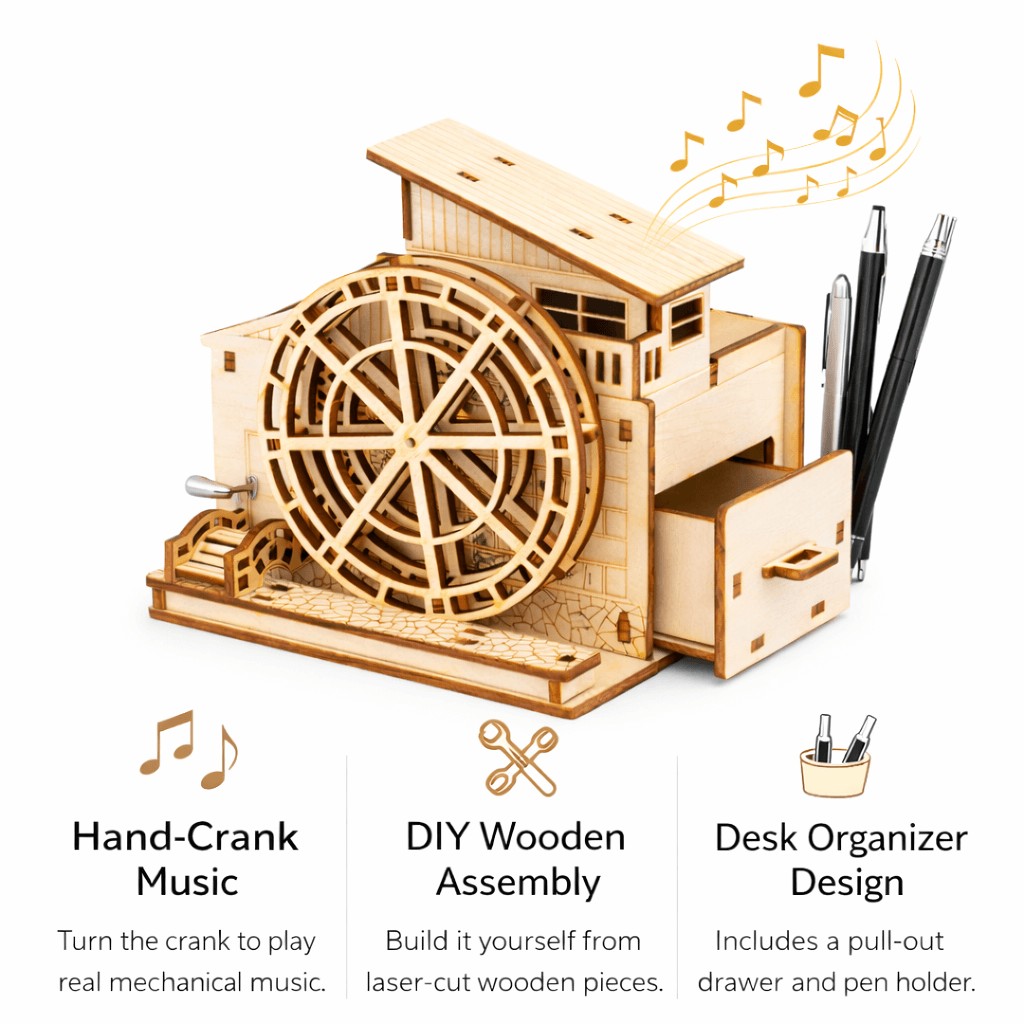 DIY Hand-Crank Wooden Watermill Music Box