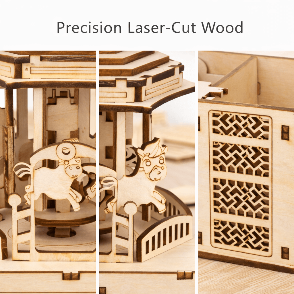 DIY Hand-Crank Wooden Carousel Music Box Pen Holder