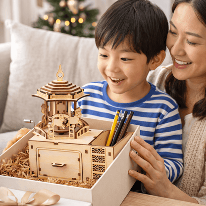 DIY Hand-Crank Wooden Carousel Music Box Pen Holder