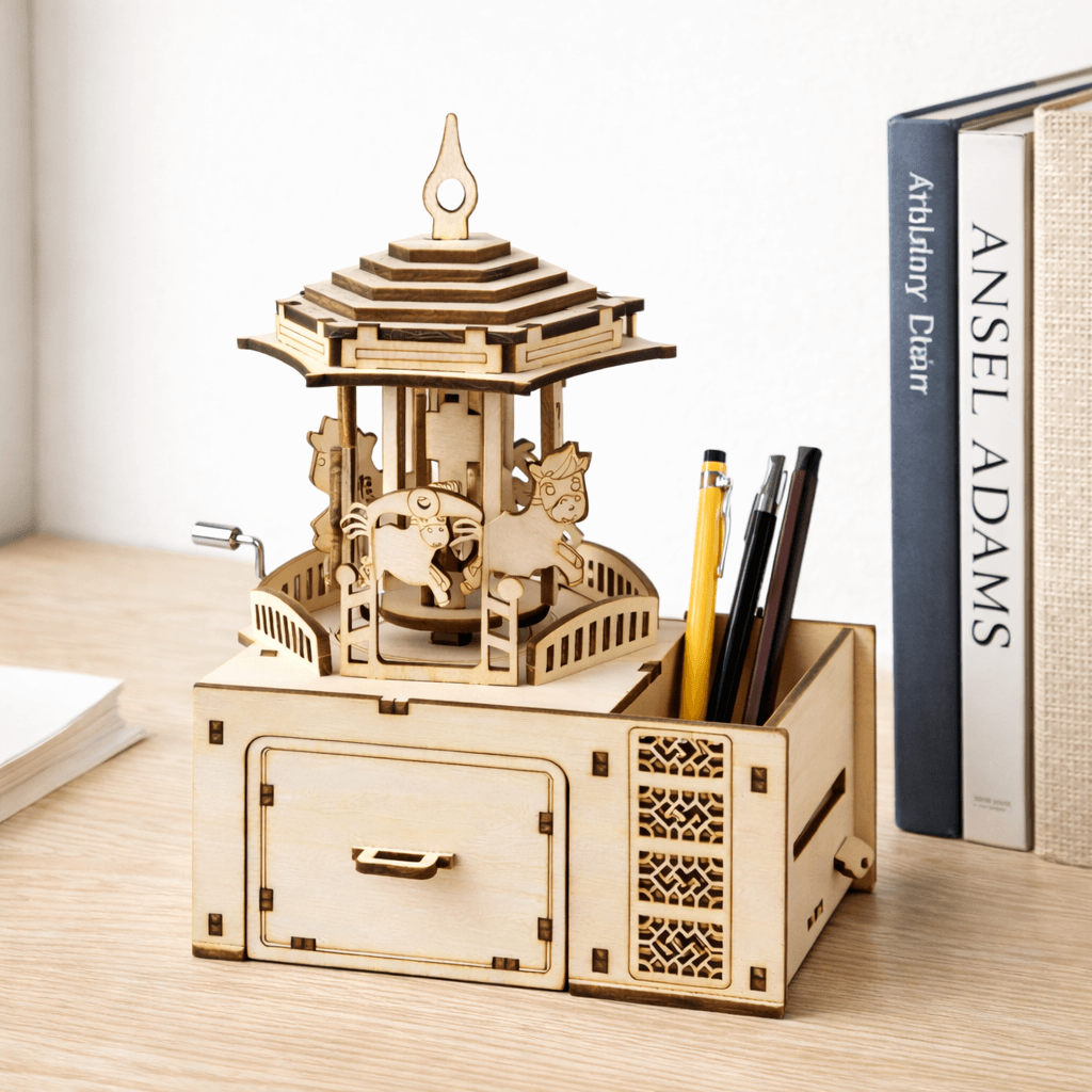 DIY Hand-Crank Wooden Carousel Music Box Pen Holder
