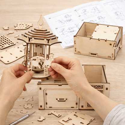 DIY Hand-Crank Wooden Carousel Music Box Pen Holder