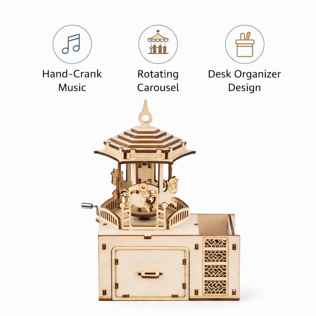 DIY Hand-Crank Wooden Carousel Music Box Pen Holder