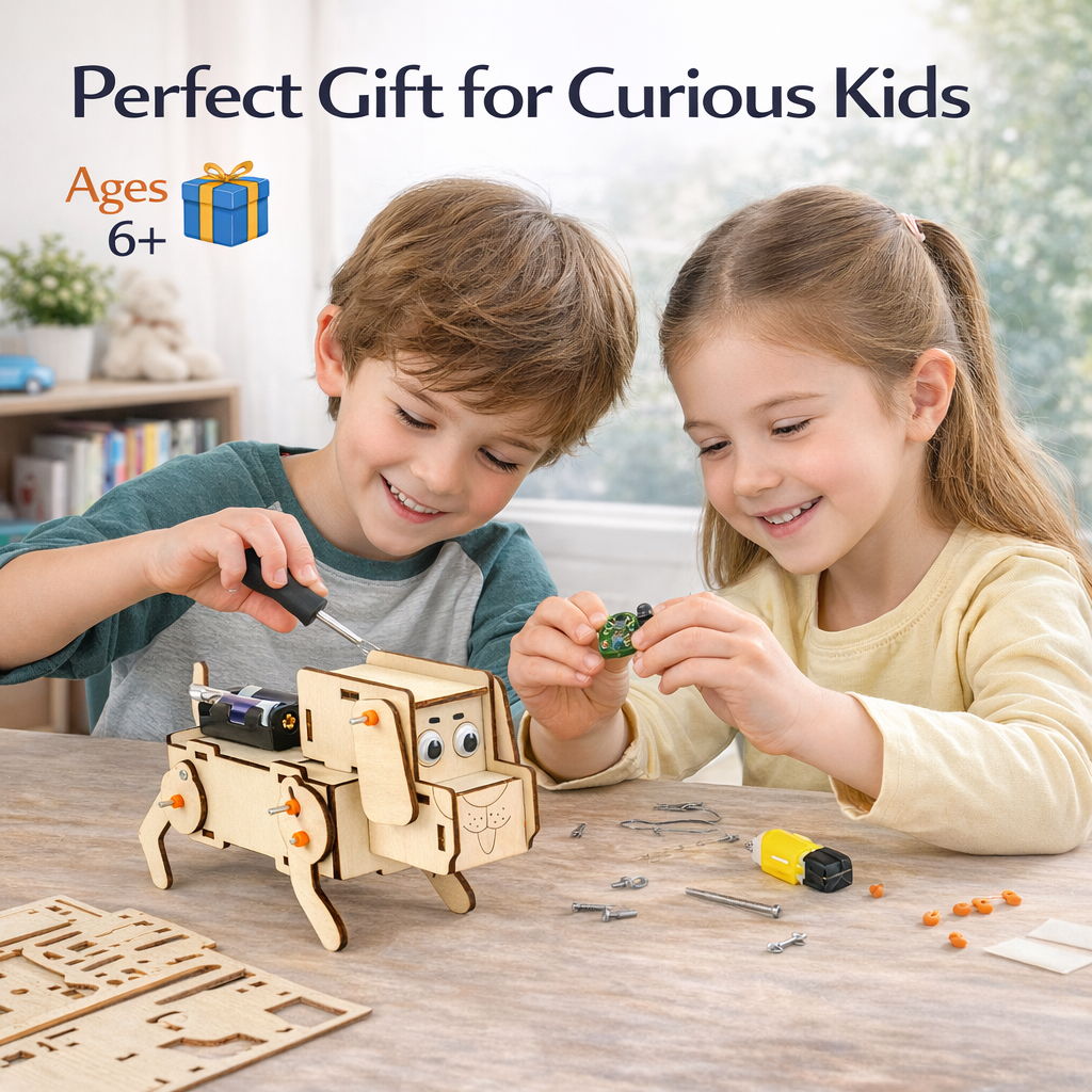 Voice-Controlled Mechanical Puppy DIY STEAM Educational Toy – Wooden Science Experiment Kit for Kids