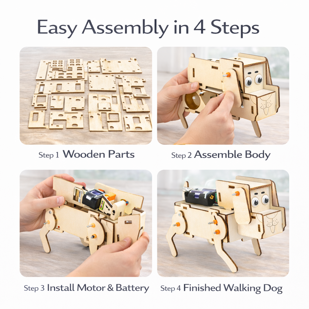 Voice-Controlled Mechanical Puppy DIY STEAM Educational Toy – Wooden Science Experiment Kit for Kids