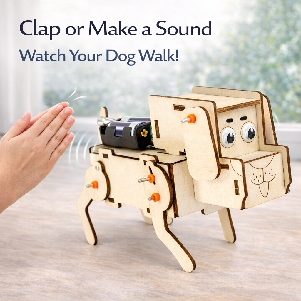 Voice-Controlled Mechanical Puppy DIY STEAM Educational Toy – Wooden Science Experiment Kit for Kids