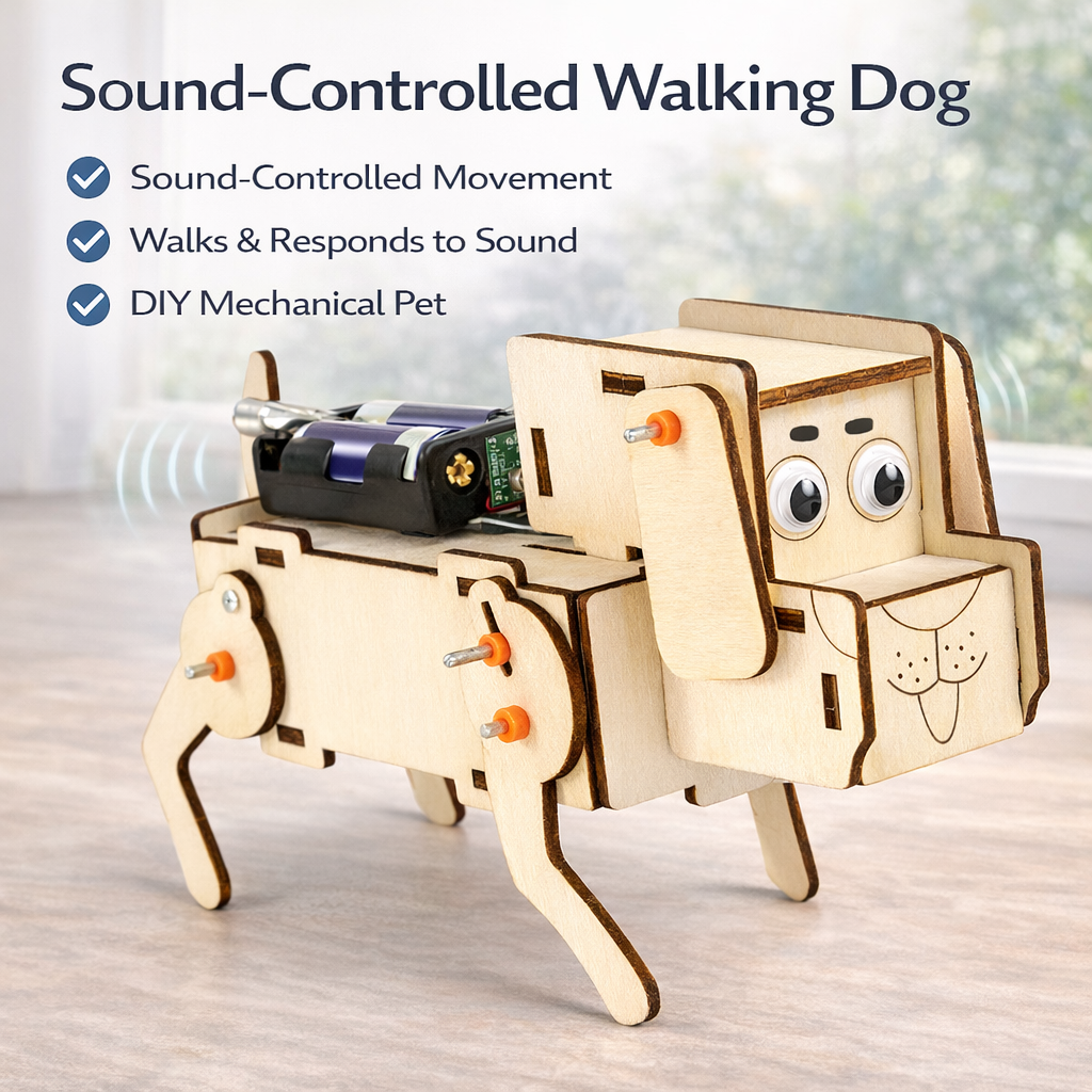 Voice-Controlled Mechanical Puppy DIY STEAM Educational Toy – Wooden Science Experiment Kit for Kids