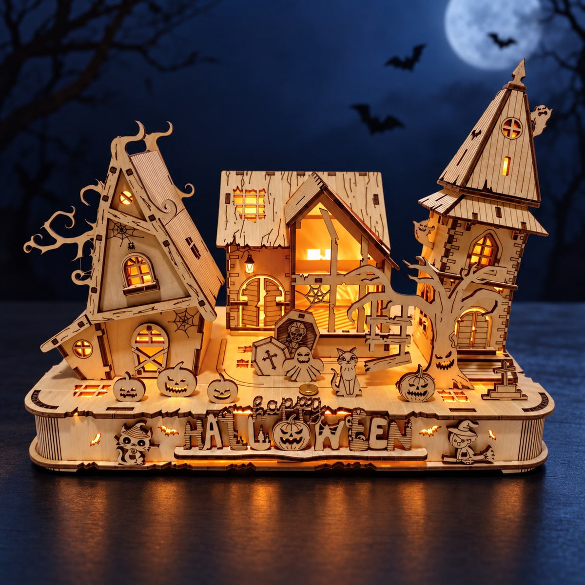 Illuminated Halloween haunted house puzzle at night