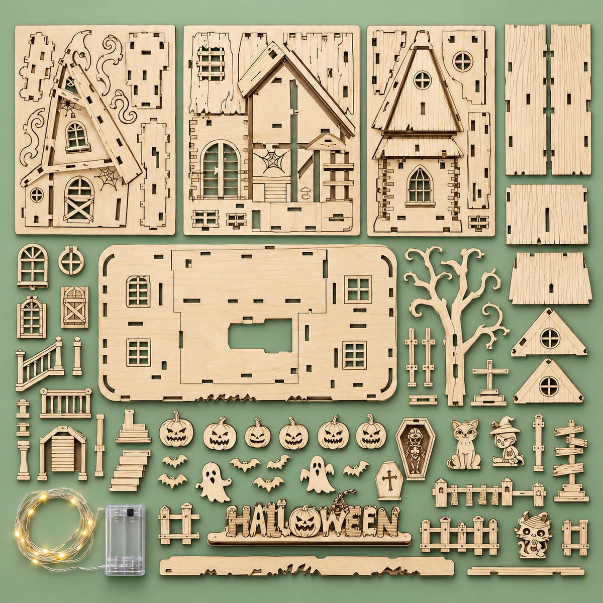 Halloween 3D wooden puzzle kit components