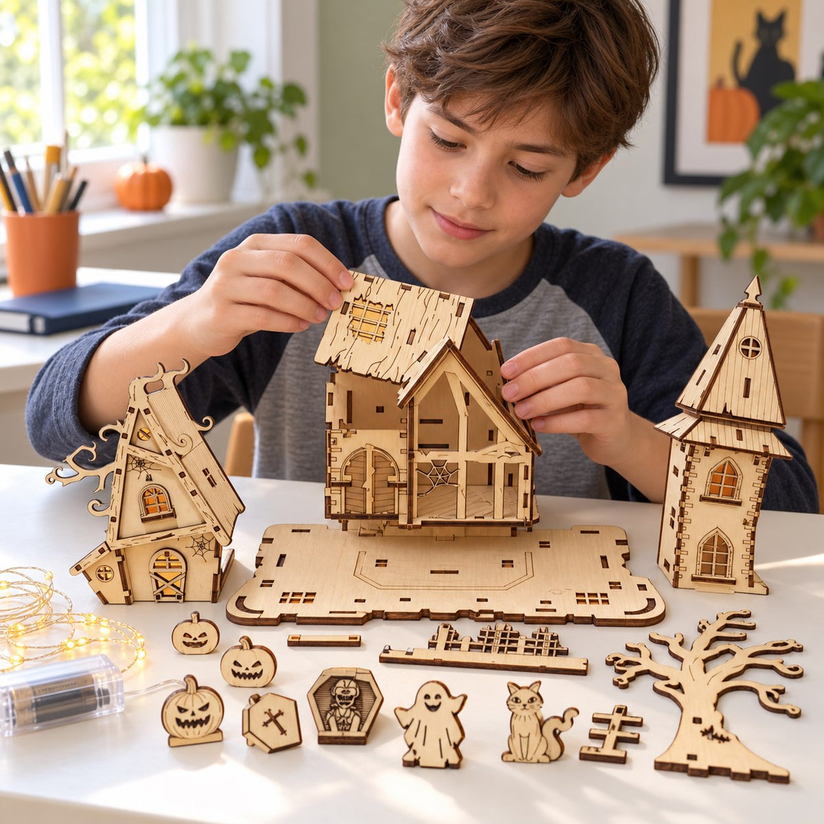 Child assembling Halloween wooden puzzle