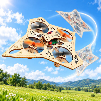 Wooden quadcopter performing an aerial roll