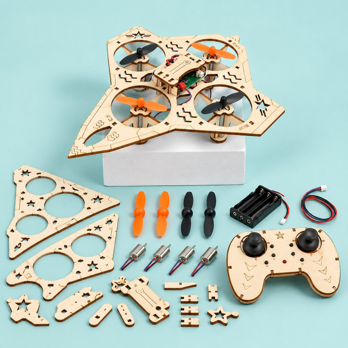Assembled wooden quadcopter with components