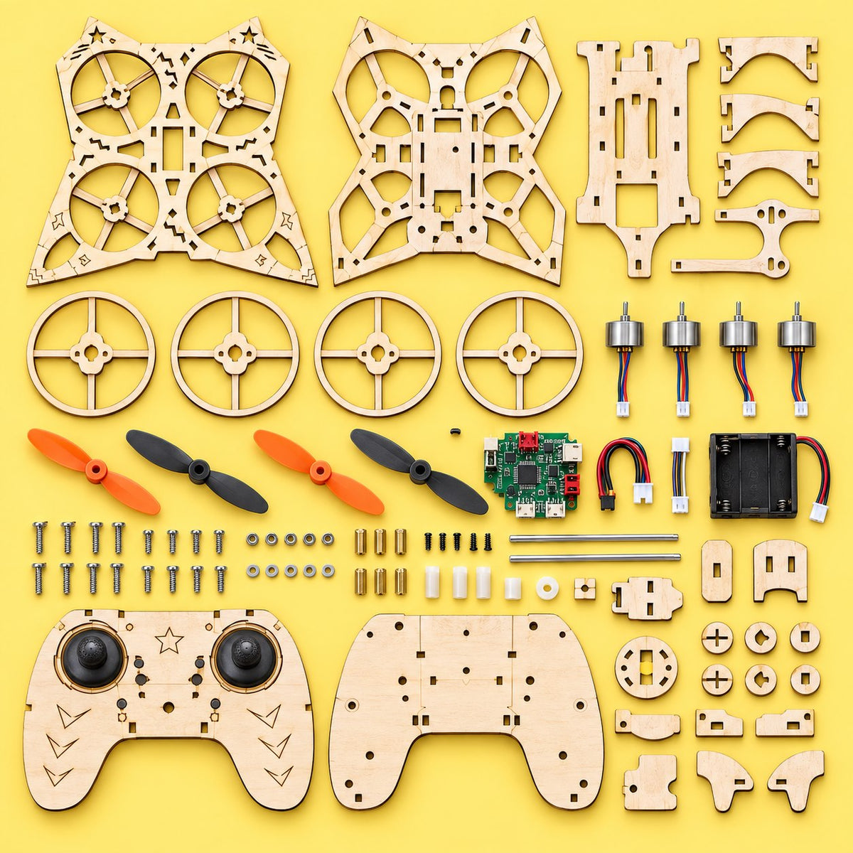 Complete wooden quadcopter kit components