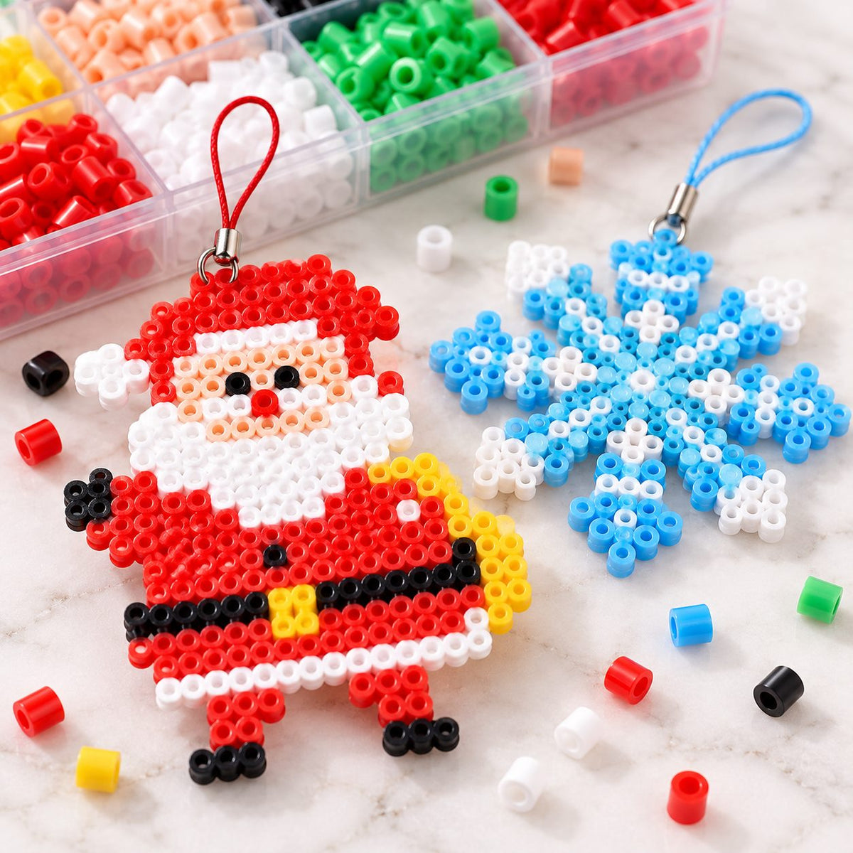 Close-up of Santa and snowflake fuse bead decorations