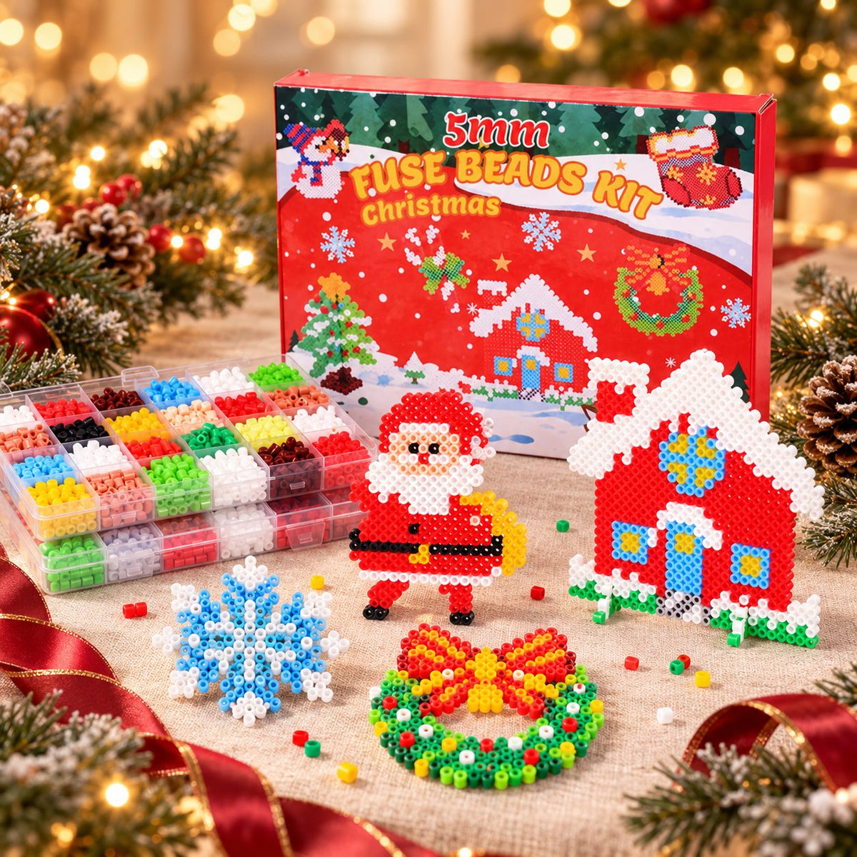 Christmas fuse beads kit displayed with festive bead art