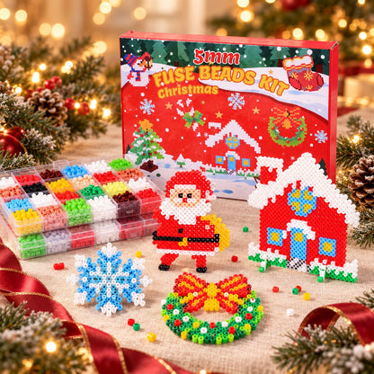 Christmas fuse beads kit displayed with festive bead art