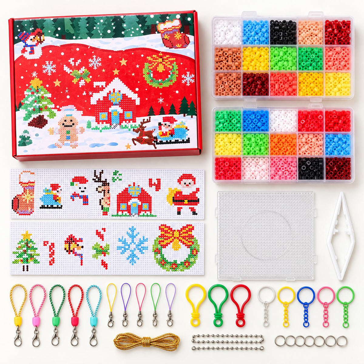 Christmas fuse beads kit contents arranged on a clean background