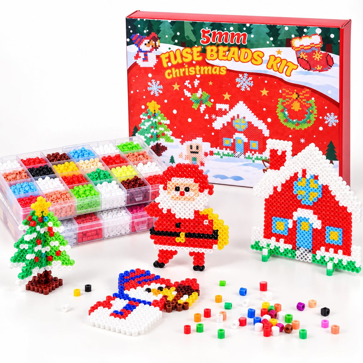 Christmas 5mm fuse beads kit with finished festive designs