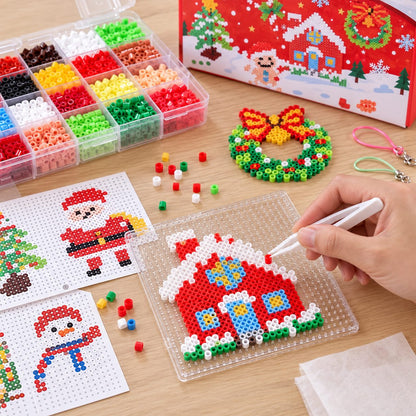 Placing colorful fuse beads on a square pegboard