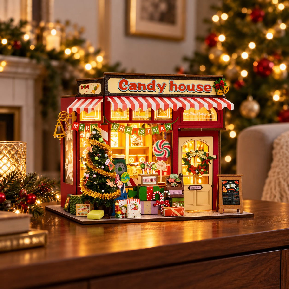 Illuminated Christmas candy house miniature in a festive home setting