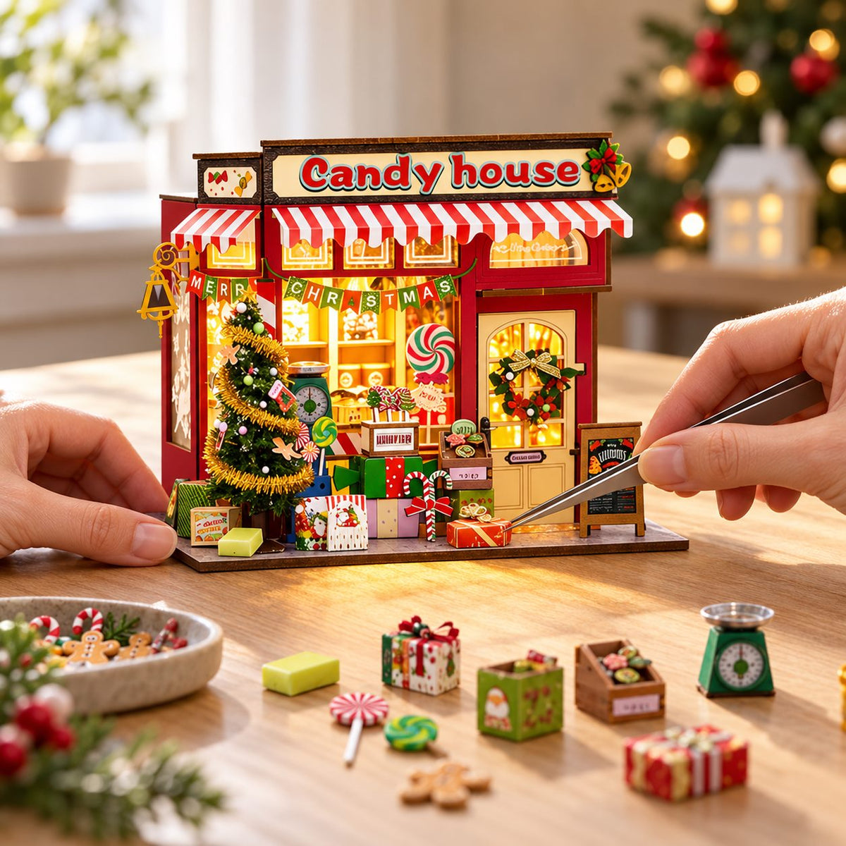 Adult hands assembling the Christmas candy house miniature model