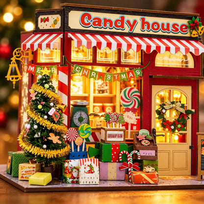 Close-up of the Christmas candy house tree, gifts, candies and doorway