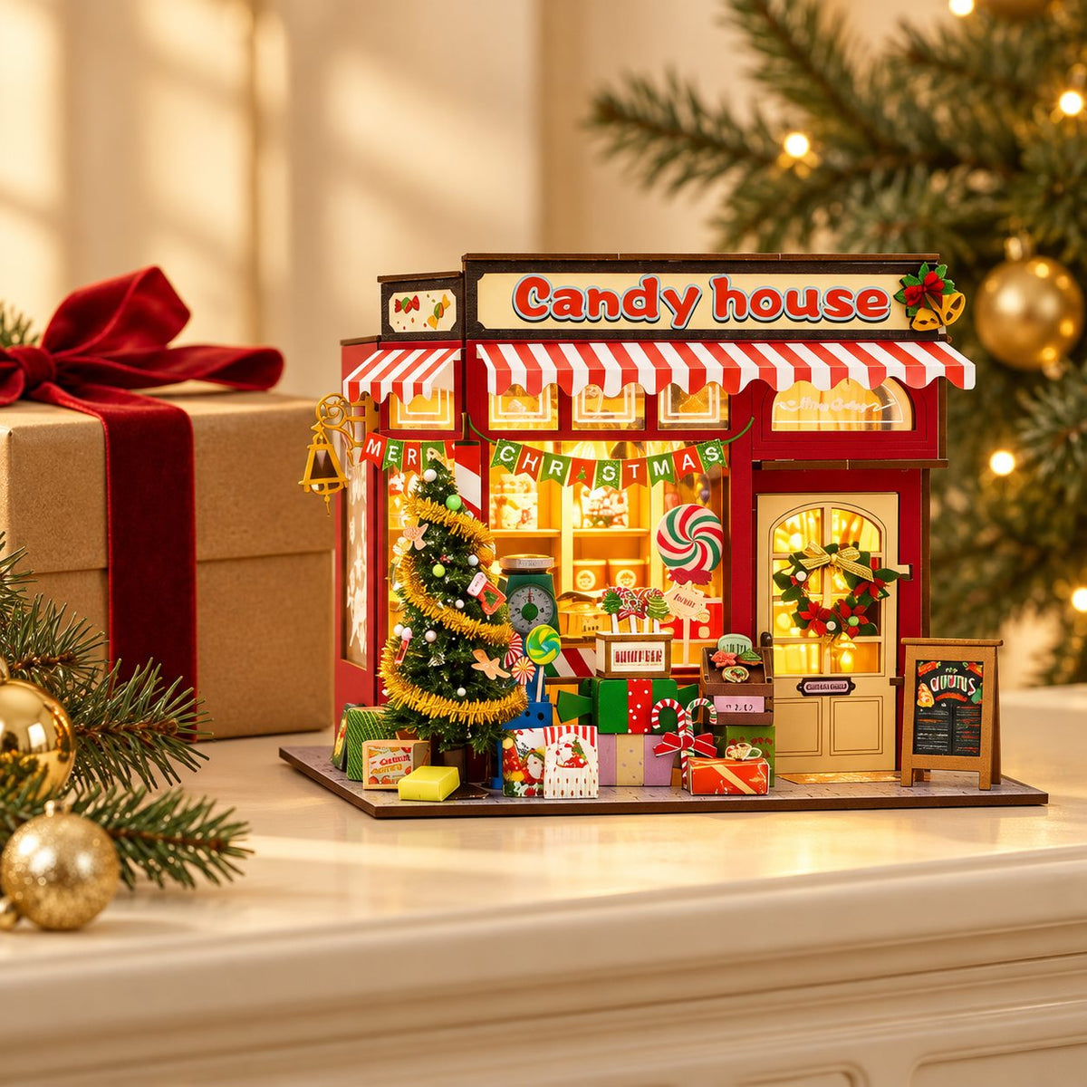 Christmas candy house miniature model styled as a holiday gift display