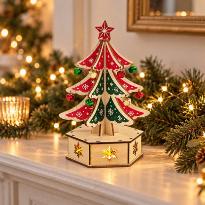 Wooden Christmas tree decoration displayed on a festive mantel