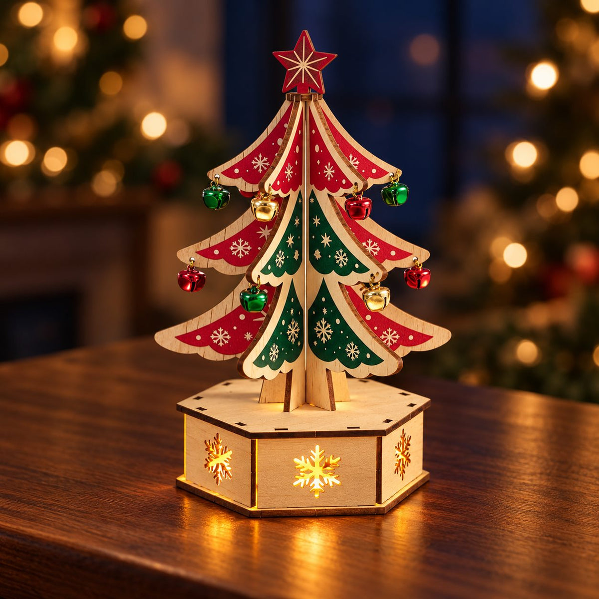 Wooden Christmas tree decoration with warm glowing snowflake base at night