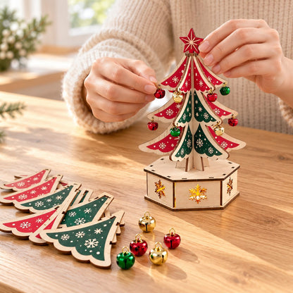 Adult hands assembling the wooden Christmas tree decoration