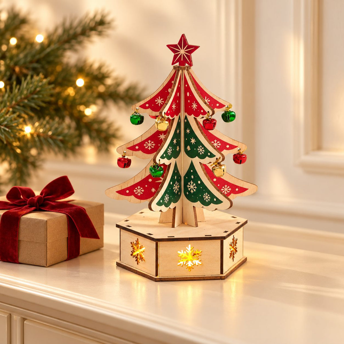 DIY wooden Christmas tree decoration styled as a holiday gift