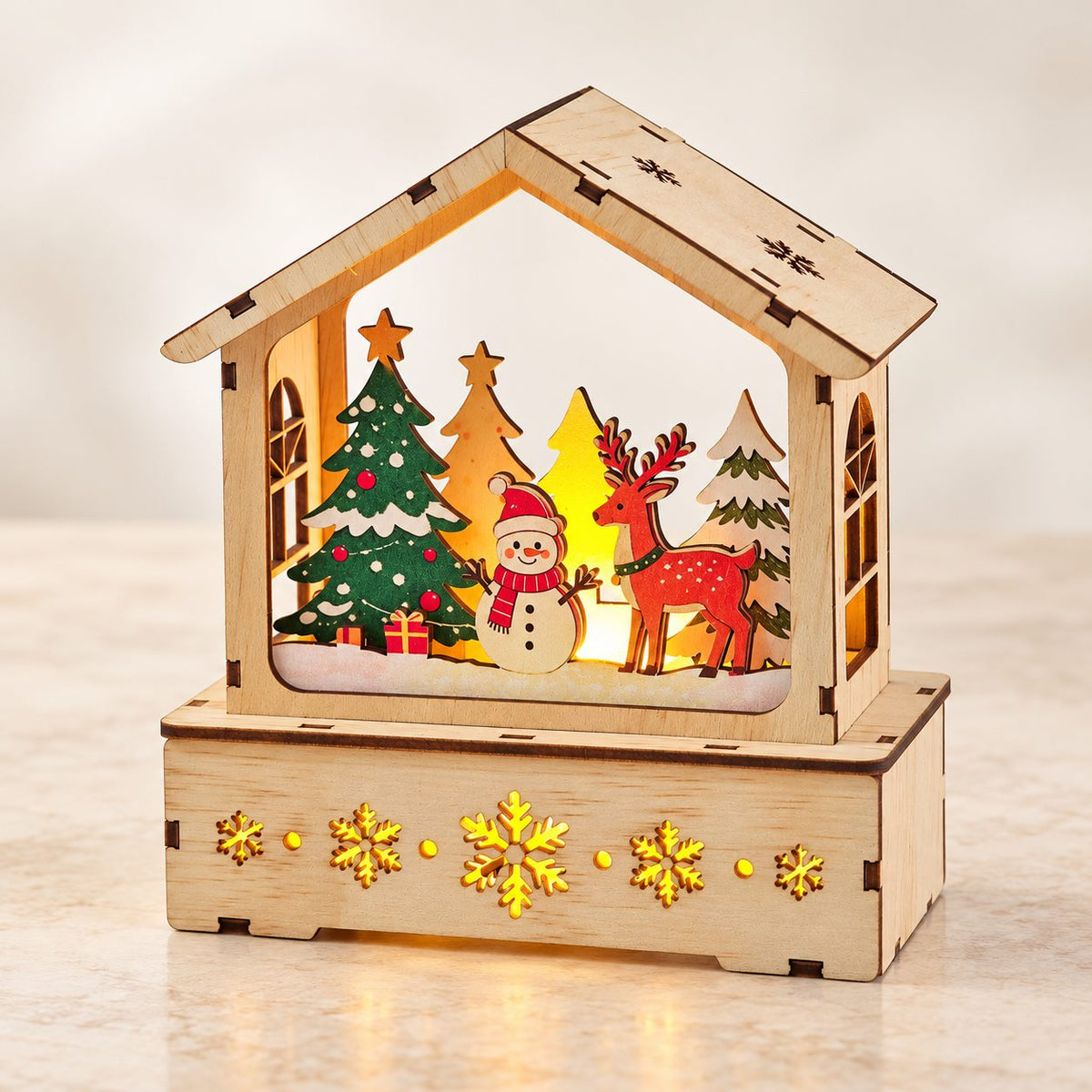 DIY wooden Christmas winter scene house with snowman and reindeer - hero view