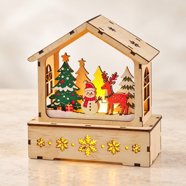 DIY wooden Christmas winter scene house with snowman and reindeer - hero view