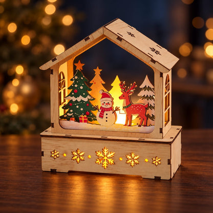 Wooden Christmas winter scene house with warm evening illumination