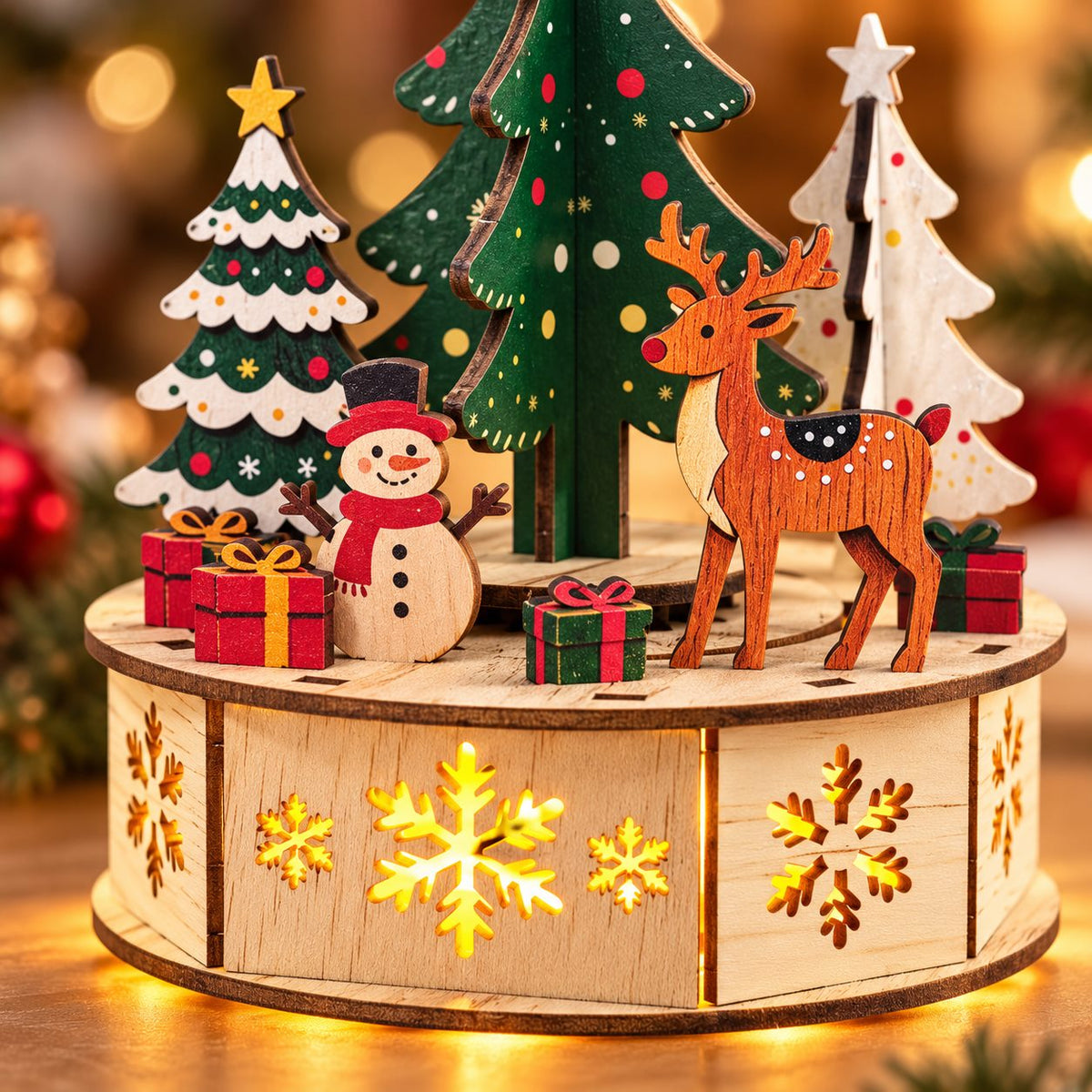 Close-up of Christmas trees, snowman, reindeer, gifts and illuminated base