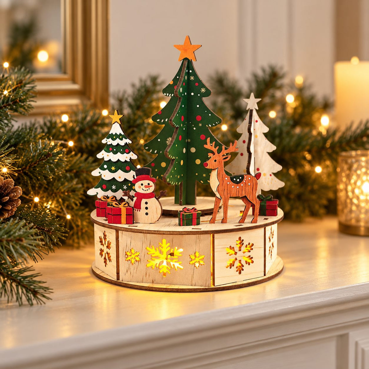 Wooden Christmas forest scene displayed on a festive mantel