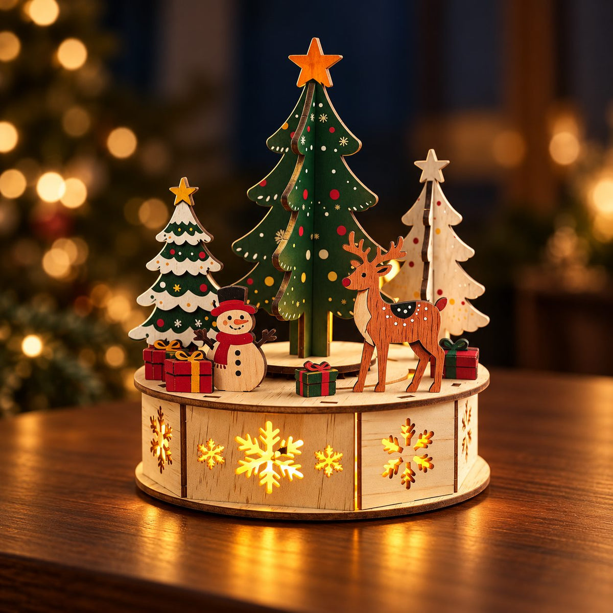 Wooden Christmas forest scene with warm evening illumination